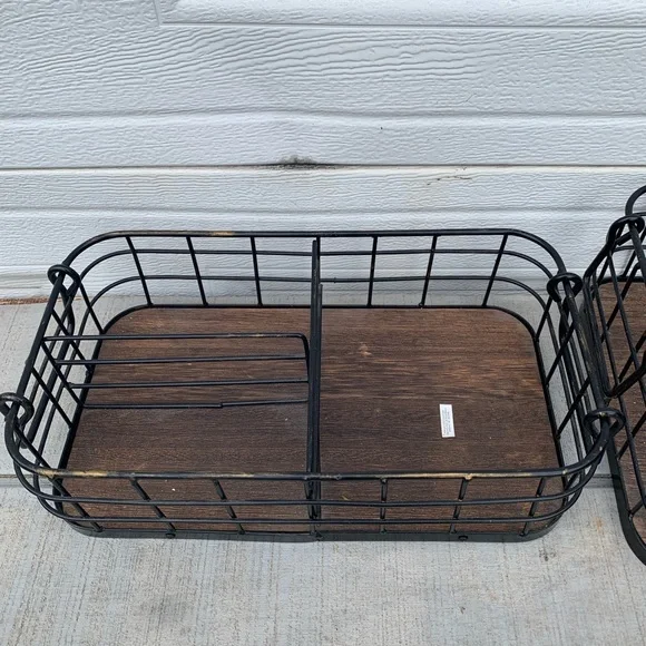 Rustic Nesting Wire Storage Baskets w Wood Base Farmhouse Organizer Set Handles